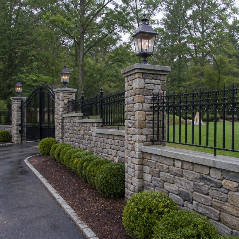 Wrought iron fencing along a stone wall