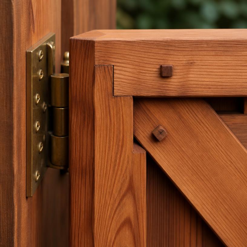 Close up of artisanal wood joinery on a custom gate