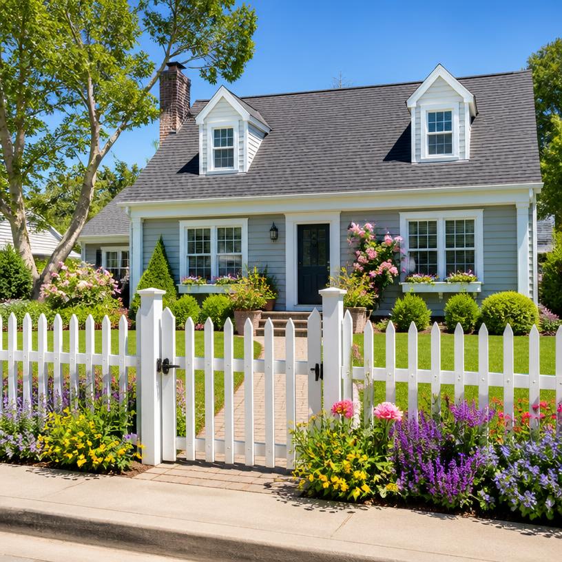 White picket fence in a suburban lawn