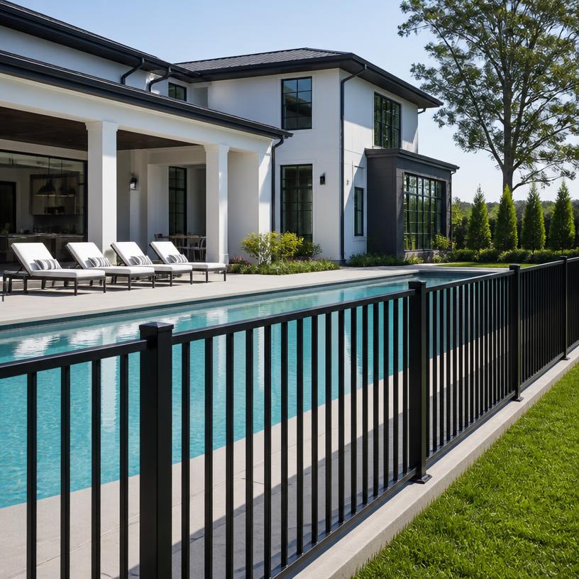 Modern black aluminum fence around a luxury pool