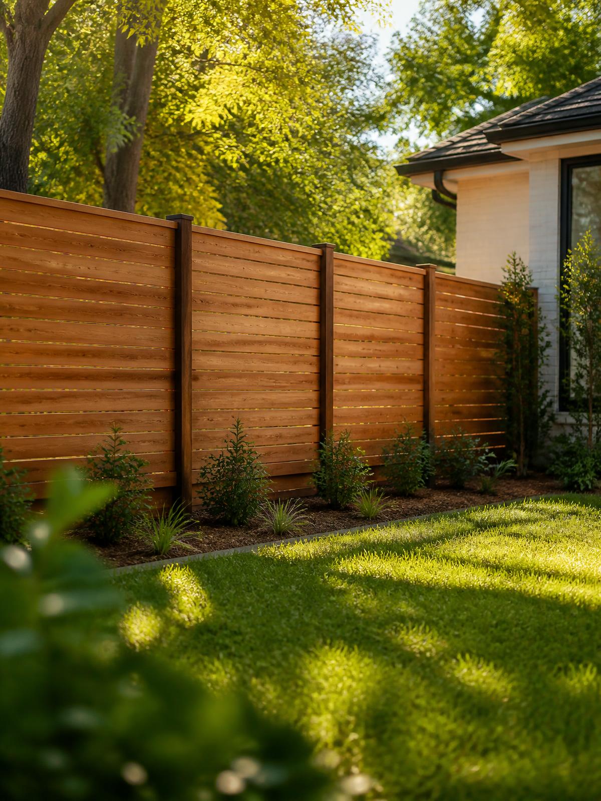 Custom horizontal cedar privacy fence in a lush Arkansas backyard