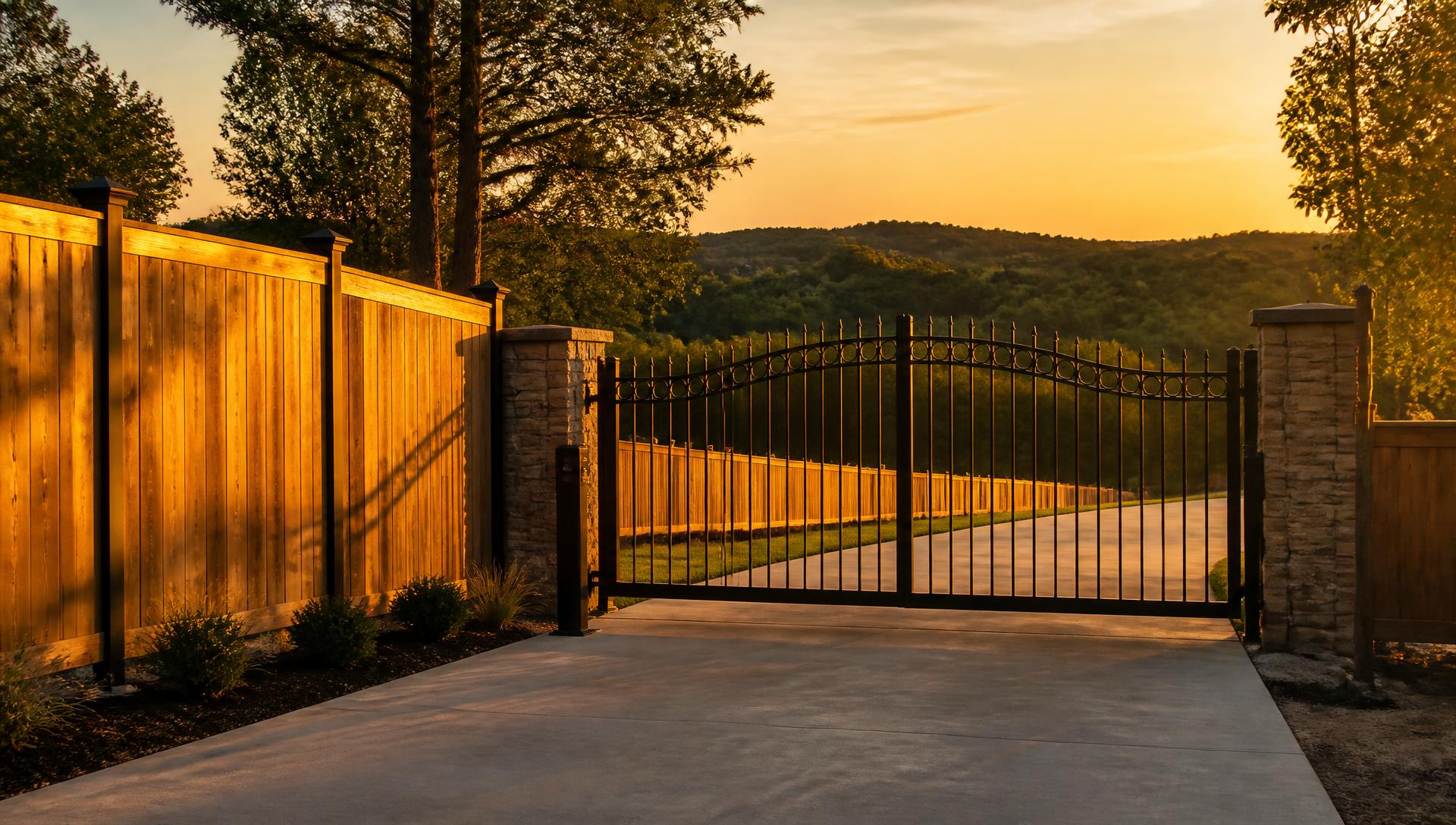 Cedar privacy fence and black iron automatic driveway gate at sunset in Northwest Arkansas